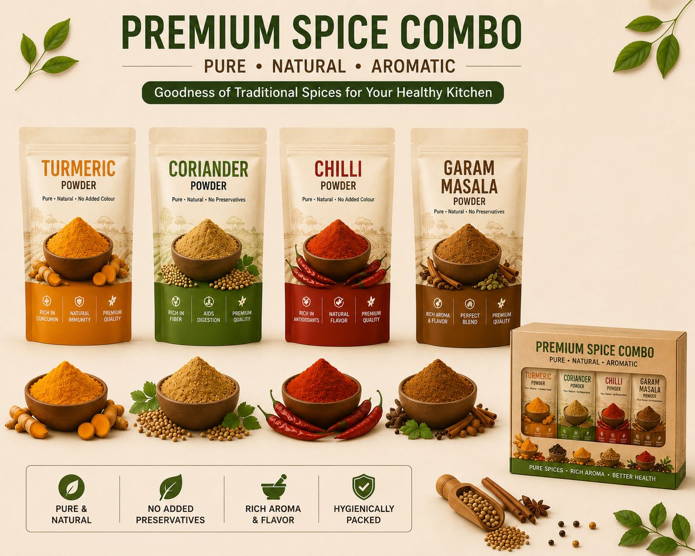 Premium Spice Combo-Garam Masala,Coriander Powder,Turmeric Powder and Chilly Powder