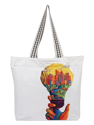 WOTM On The Move Tote | Premium Printed Cotton Canvas Tote Bag with Zipper & Inside Pocket, Stylish Everyday Travel Bag for Work, College, Office, Travel, Shopping
