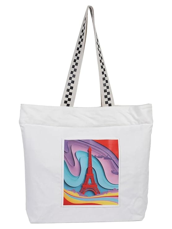 WOTM On The Move Tote | Premium Printed Cotton Canvas Tote Bag with Zipper & Inside Pocket, Stylish Everyday Travel Bag for Work, College, Office, Travel, Shopping
