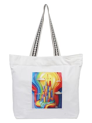 WOTM On The Move Tote | Premium Printed Cotton Canvas Tote Bag with Zipper & Inside Pocket, Stylish Everyday Travel Bag for Work, College, Office, Travel, Shopping