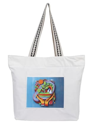 WOTM On The Move Tote | Premium Printed Cotton Canvas Tote Bag with Zipper & Inside Pocket, Stylish Everyday Travel Bag for Work, College, Office, Travel, Shopping