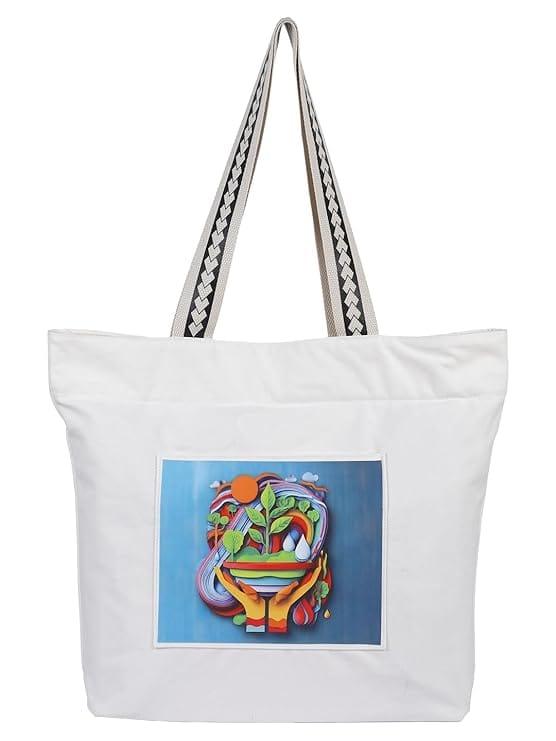 WOTM On The Move Tote | Premium Printed Cotton Canvas Tote Bag with Zipper & Inside Pocket, Stylish Everyday Travel Bag for Work, College, Office, Travel, Shopping