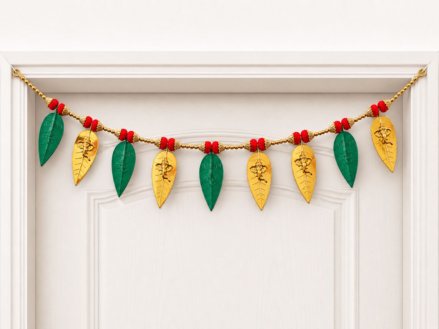 Decorative Ganesha Leaf Door Hanging Toran - Red, Green, and Gold
