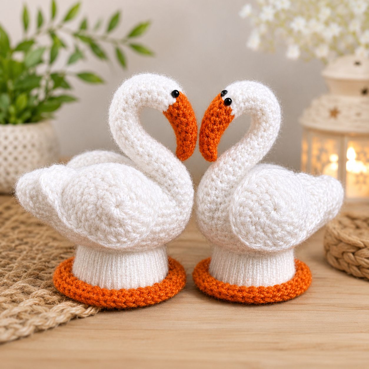 Handmade Crochet Couple Swan Figurines with Red Beaks and Stands