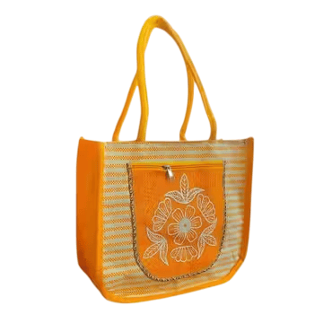 Floral Embroidered Yellow Jute Tote Bag