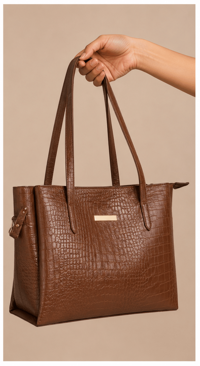 Womens Croc Pattern Brown Tote Bag