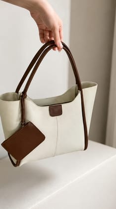 Women's Cream and Brown Textured Tote Bag with Matching Pouch Women's Cream and Brown Textured Tote Bag with Matching Pouch