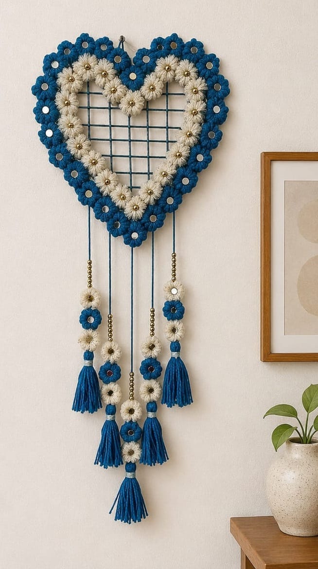 Handmade Macrame Heart Wall Hanging with Mirrors and Tassels - Blue and Cream
