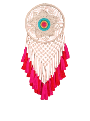 Handmade Macrame Wall Hanging with Pink and Red Tassels and Floral Center Handmade Macrame Wall Hanging with Pink and Red Tassels and Floral Center