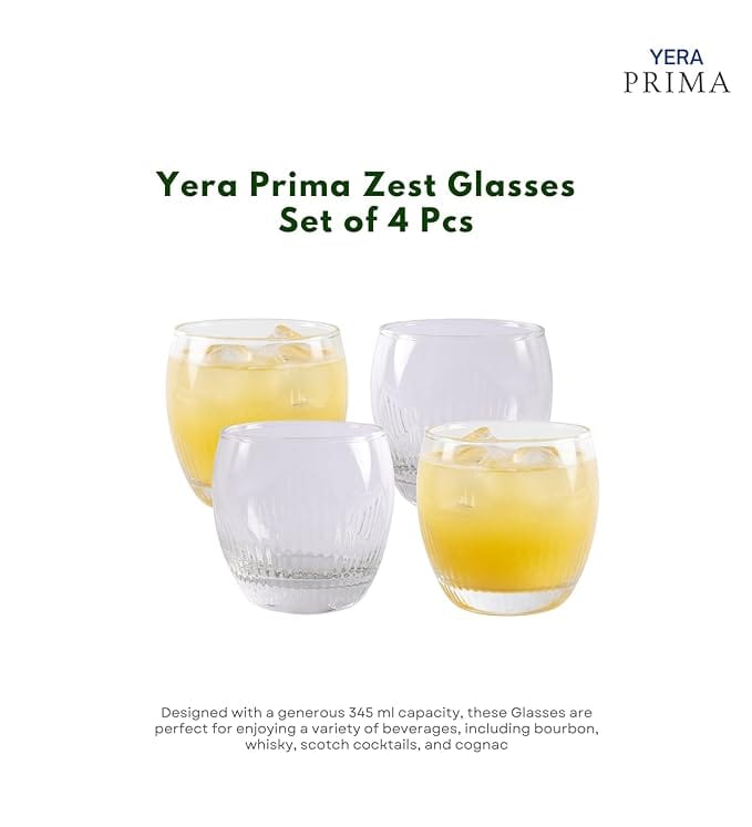 Yera Prima Zest Whisky/Scotch/ water glasses- 345 ml each -set of 4 pcs | for Daily use & Gifting