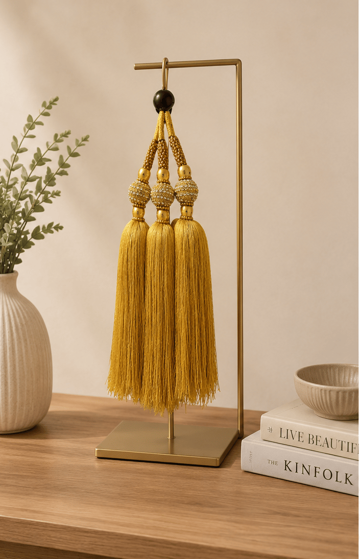 Luxury Golden Three-Tassel Wall Hanging with Crystal Accents