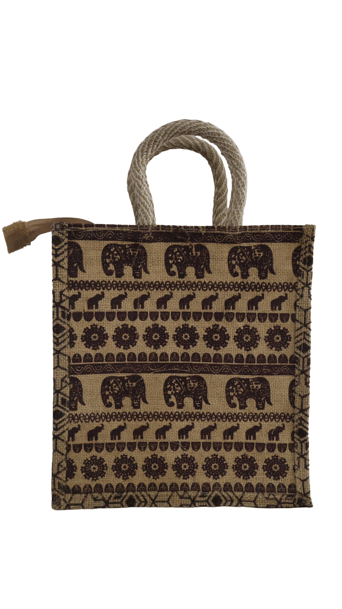 Printed Elephant Jute Handbag with Rope Handles