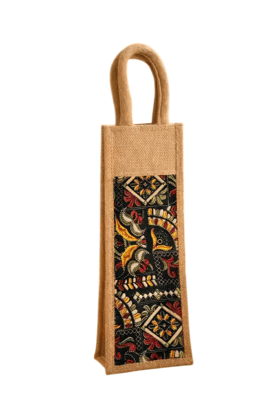 Single Bottle Jute Bag with Kalamkari Print Single Bottle Jute Bag with Kalamkari Print