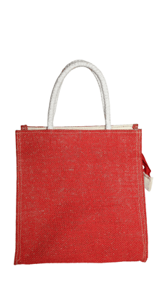 Red and Off-White Jute Tote Bag with Zip Closure