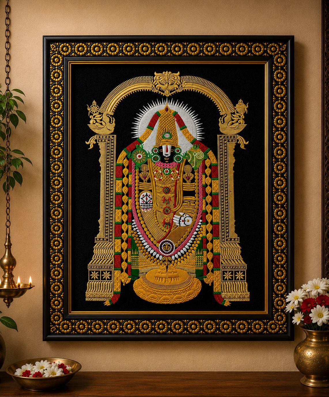 Traditional Gold threaded Lord Venkateswara Tanjore Thread Work With Black Frame