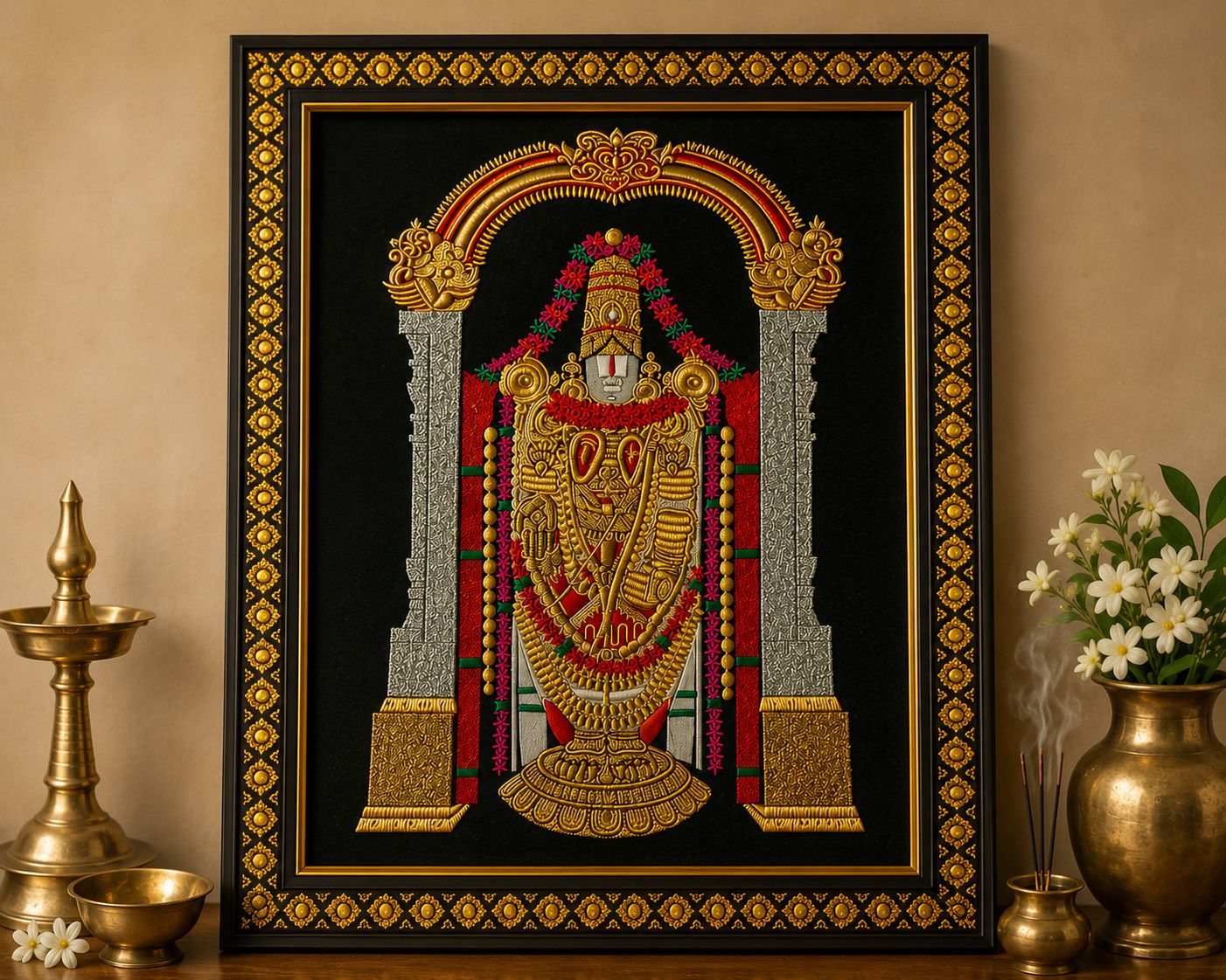 Traditional Venkateswara Swamy Gilded Tanjore Thread Work, 15x21 Inch