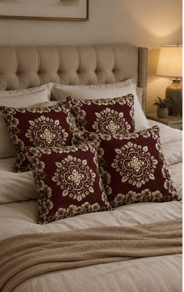 Maroon and Gold Traditional Motif Cushion Covers Set of 5