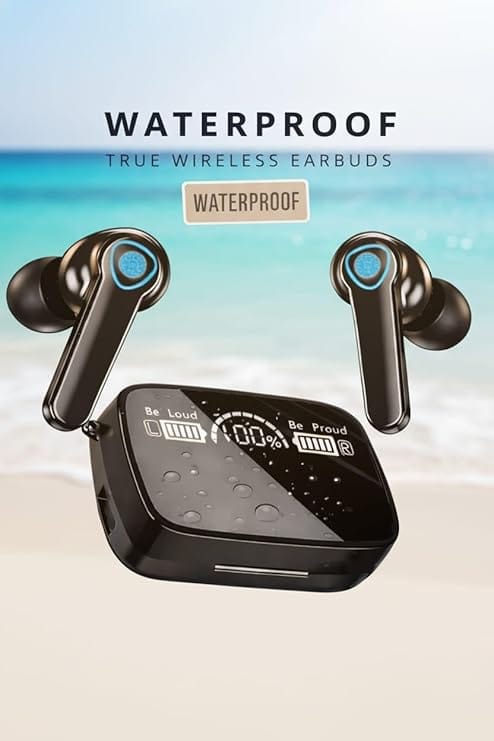 M19 True Wireless Earbuds, Bluetooth 5.1, 9D HiFi Sound, Intelligent Noise Reduction, IPX7 Waterproof, LED Display Charging Case
