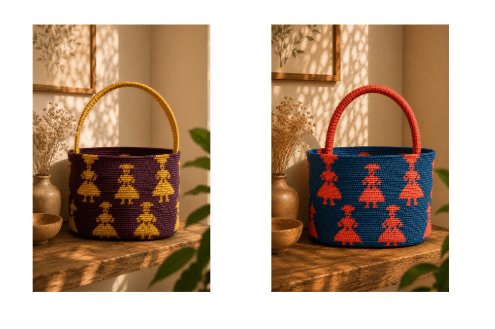 Hand-Woven Tribal Doll Motif Basket Pair (Purple & Blue)