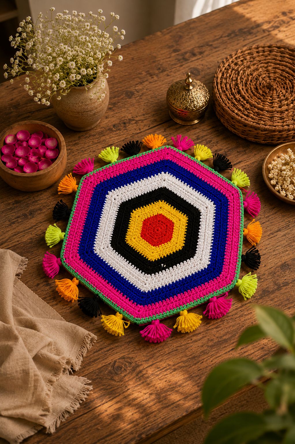 Handmade Crocheted Hexagon Coaster with Colorful Tassels