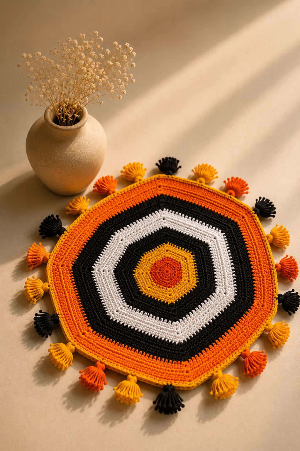 Handmade Hexagon Crocheted Placemat with Tassels