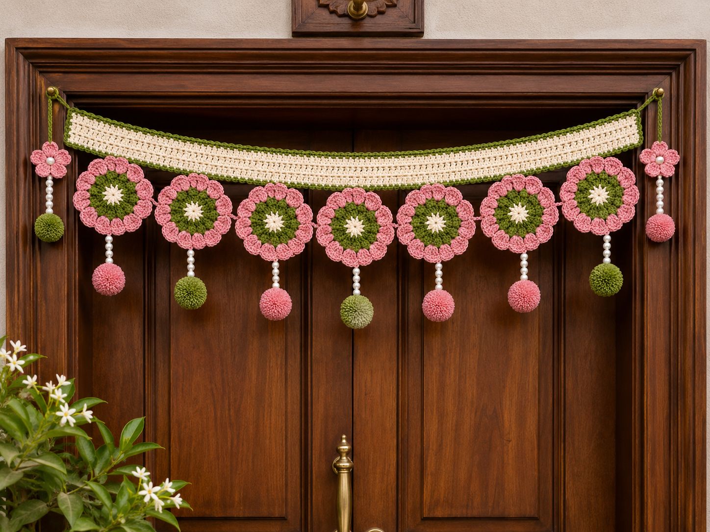 Crochet Toran - Pink & Green Flower & Pom-Pom Festive Hanging (Approx. 90 cm)