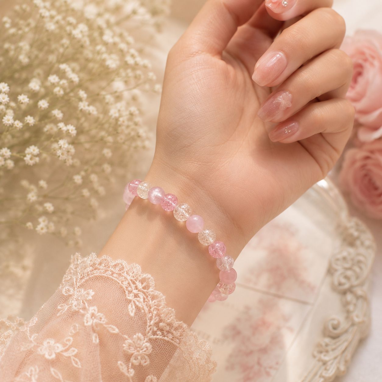 Natural Rose Quartz and Clear Crackle Bead Elastic Stretch Bracelet