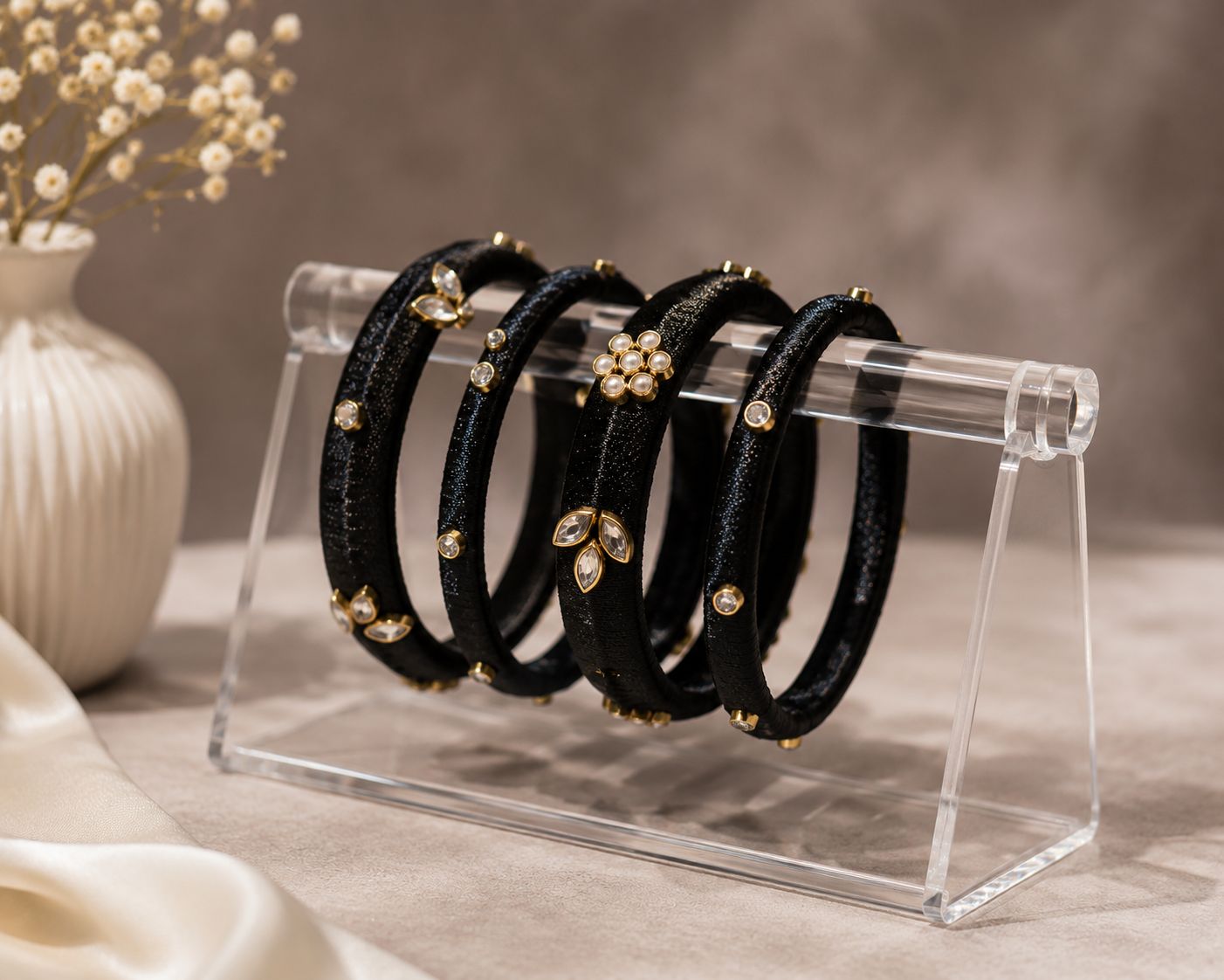 Traditional Black Silk Thread Kundan and Pearl Bangle Set - Pack of 4