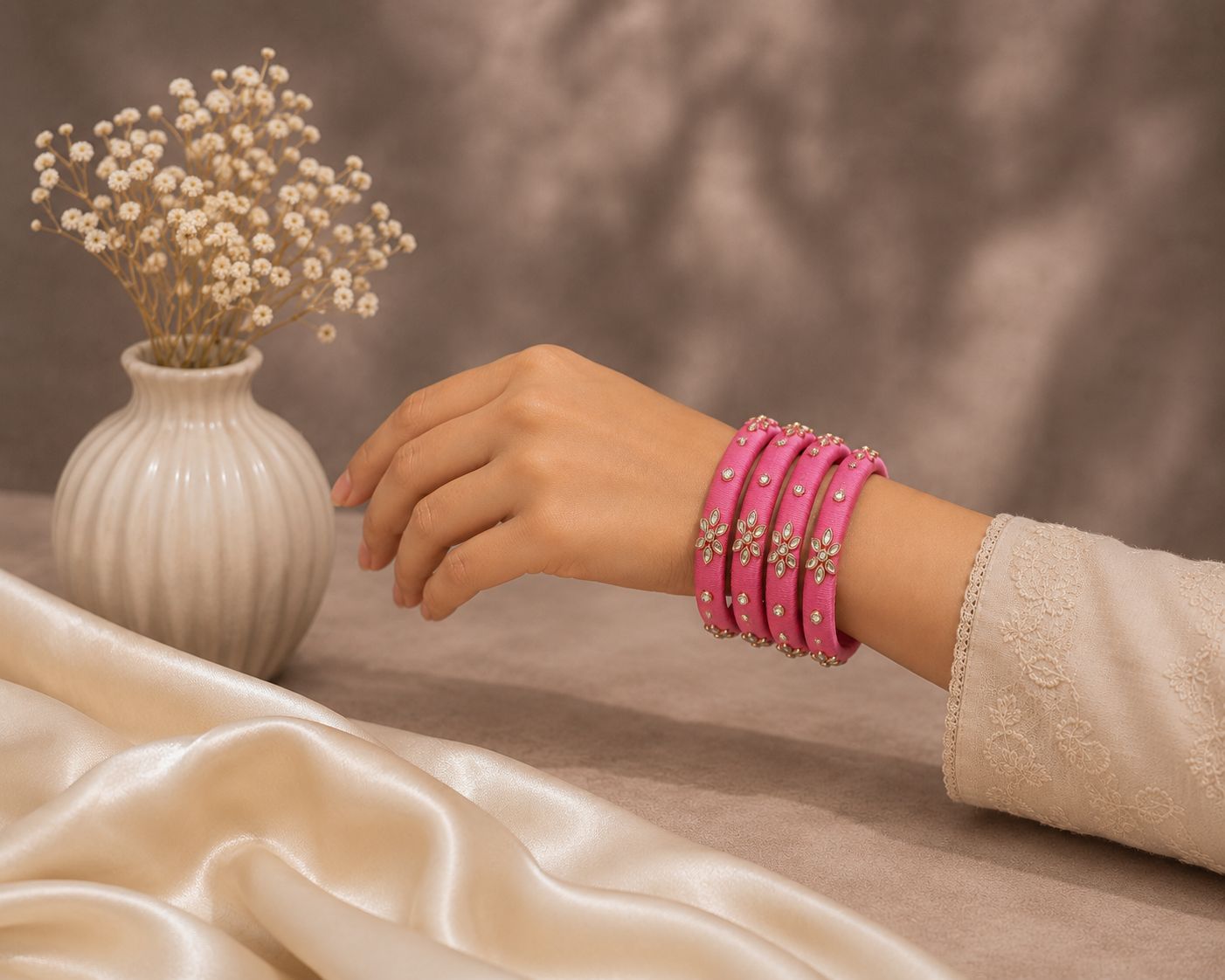 Women Pink Silk Thread Bangle Set of 4 with Kundan Work