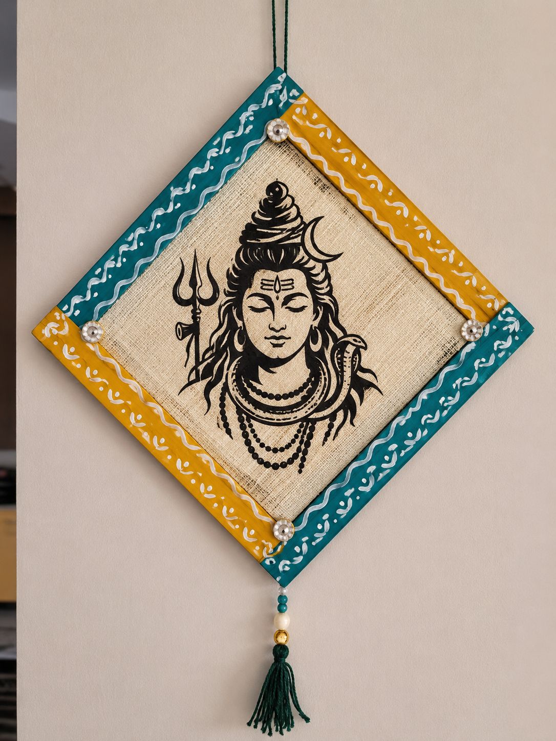 Handmade Lord Shiva Canvas Wall Hanging with Tassel, Brown & Teal Frame
