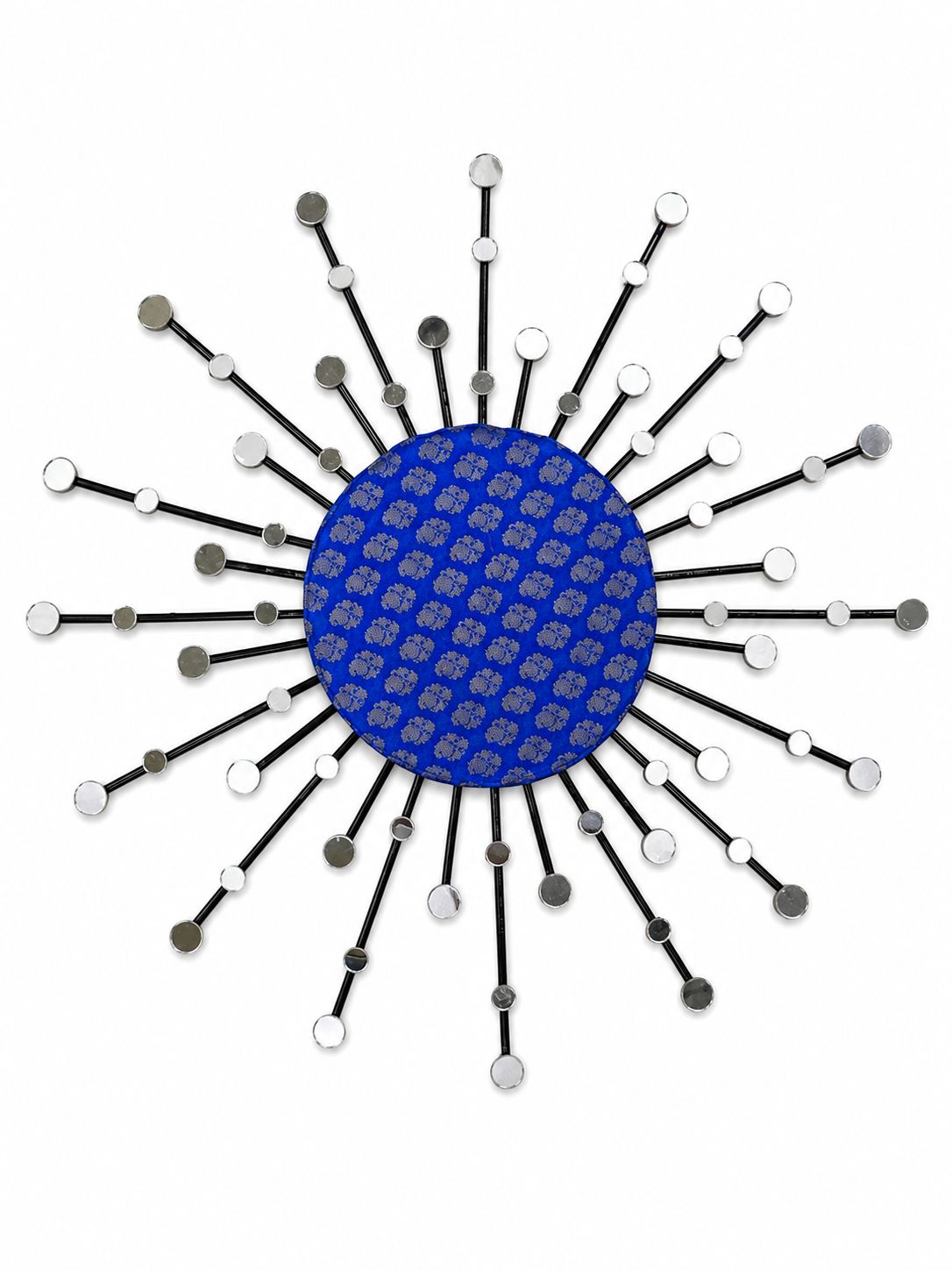Nand Vidya Decorative Royal Blue Floral Silk Sunburst Metal Wall Art with Small Mirrors