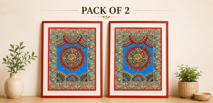 [Pack of 2] Traditional Madhubani Painting – Mandala with Peacocks and Floral Motifs