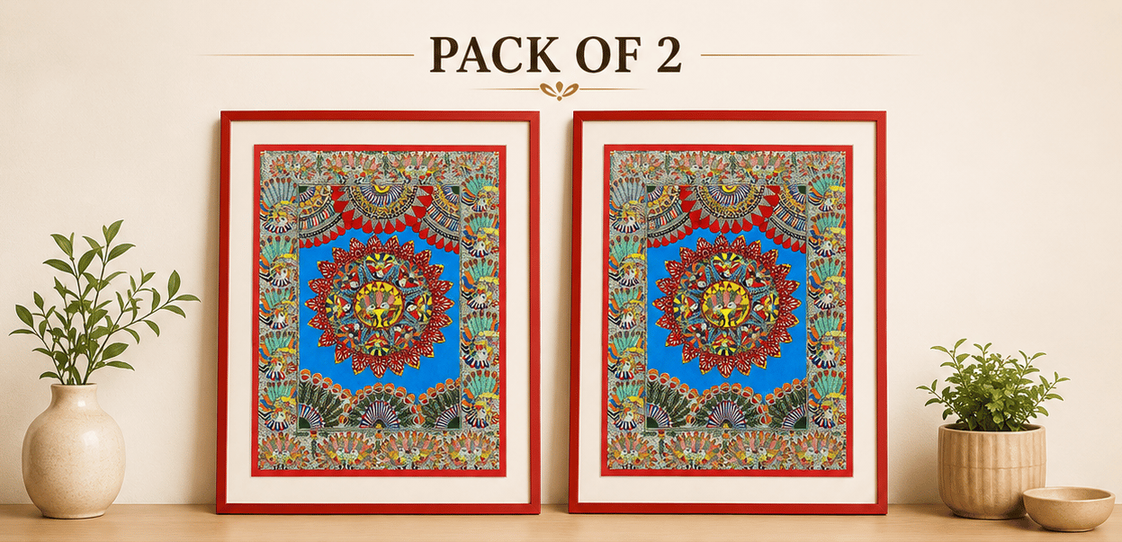 [Pack of 2] Traditional Madhubani Painting – Mandala with Peacocks and Floral Motifs