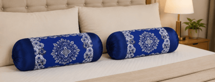 Luxury Blue Silk Bolster Cushion Covers with Traditional Motif - Set of 2