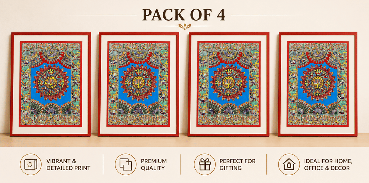 [Pack of 4] Traditional Madhubani Painting – Mandala with Peacocks and Floral Motis