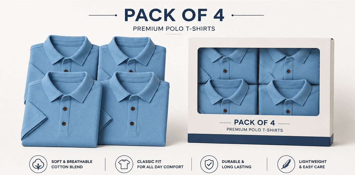 [Pack of 4] Classic Light Blue Polo Shirt – Soft Cotton Blend