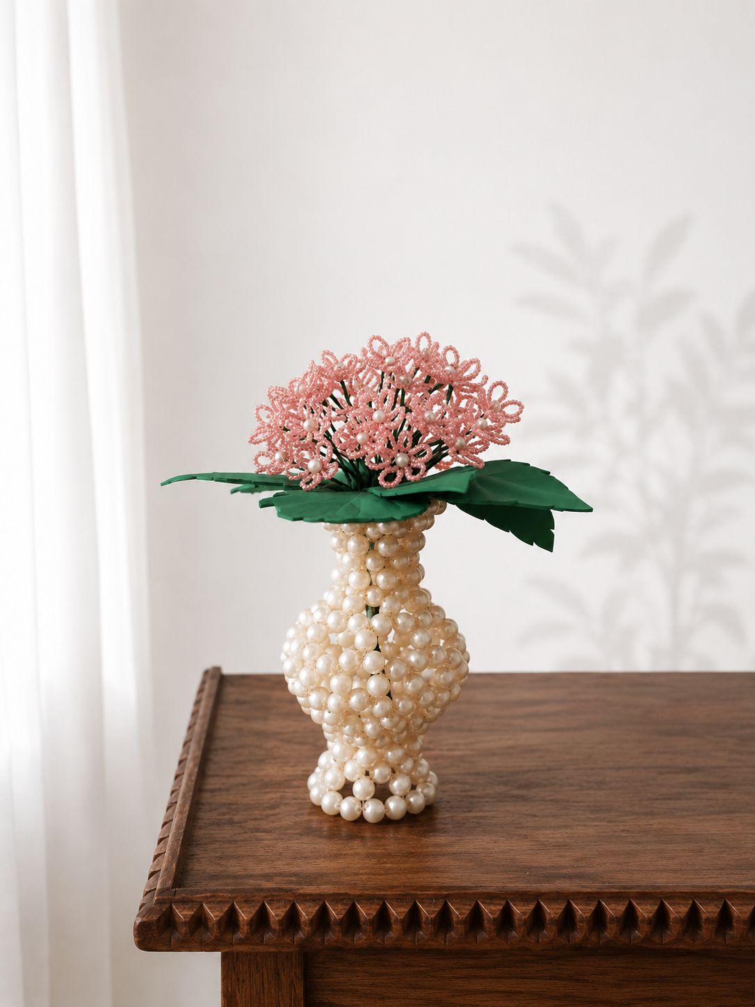 Handmade Beaded Pink Floral Arrangement in Pearl Vase