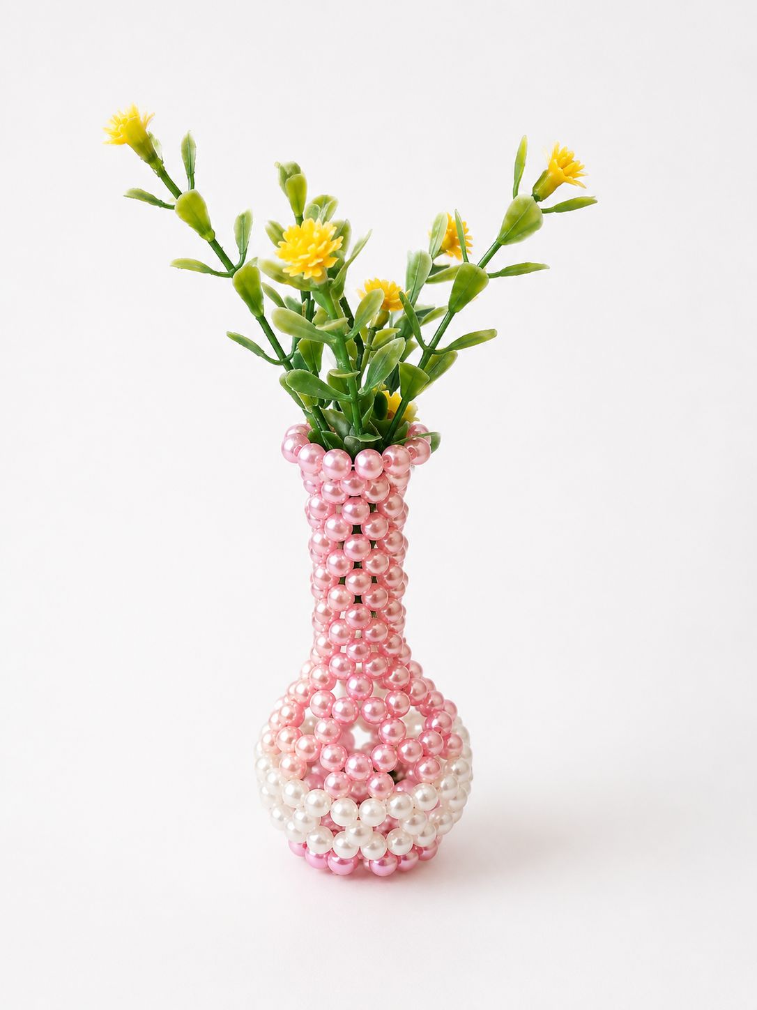 Handmade Pink and White Beaded Flower Vase with Artificial Flowers