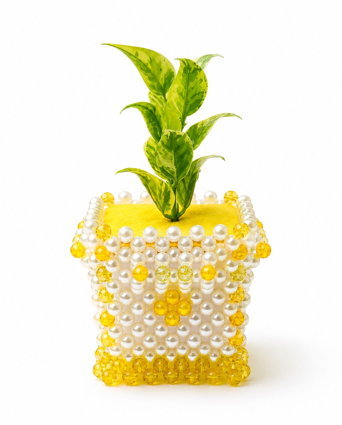 Faux Artificial Plant in Yellow and White Pearl Beaded Pot