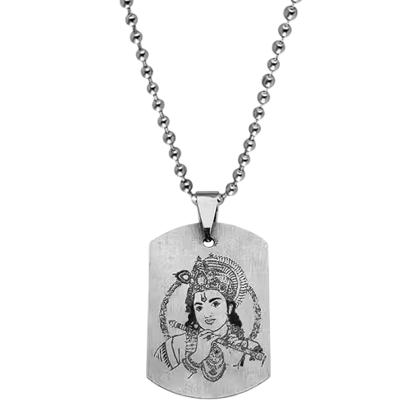 Silver Stainless Steel Lord Krishna Engraved Dog Tag Pendant with Ball Chain Silver Stainless Steel Lord Krishna Engraved Dog Tag Pendant with Ball Chain
