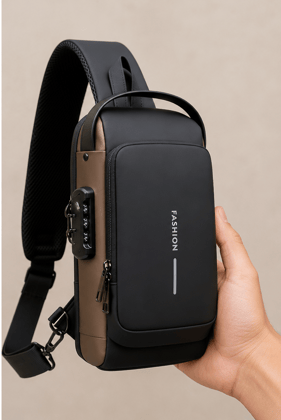 Men's Black & Brown Anti-Theft Sling Bag with Combination Lock Men's Black & Brown Anti-Theft Sling Bag with Combination Lock