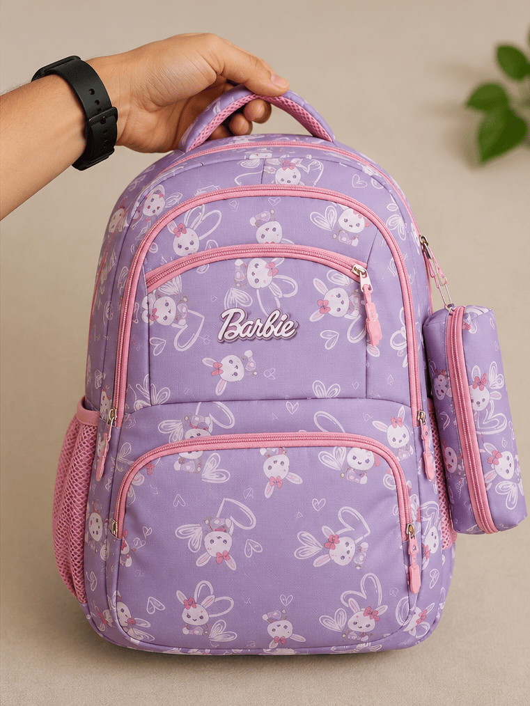 Barbie Kids Purple Bunny Print School Backpack with Pencil Case