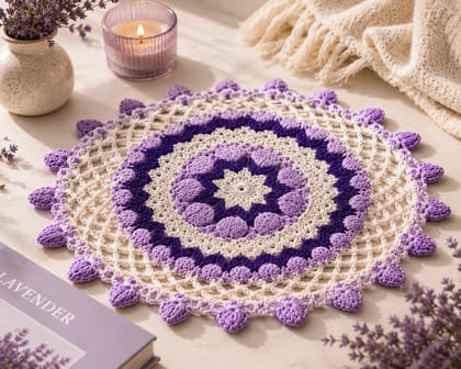 Circular Crocheted Table Runner with Lavender Accents Circular Crocheted Table Runner with Lavender Accents