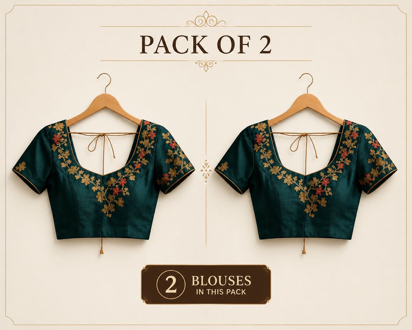 [Pack of 2] Traditional Embroidered Silk Blouse – Deep Green