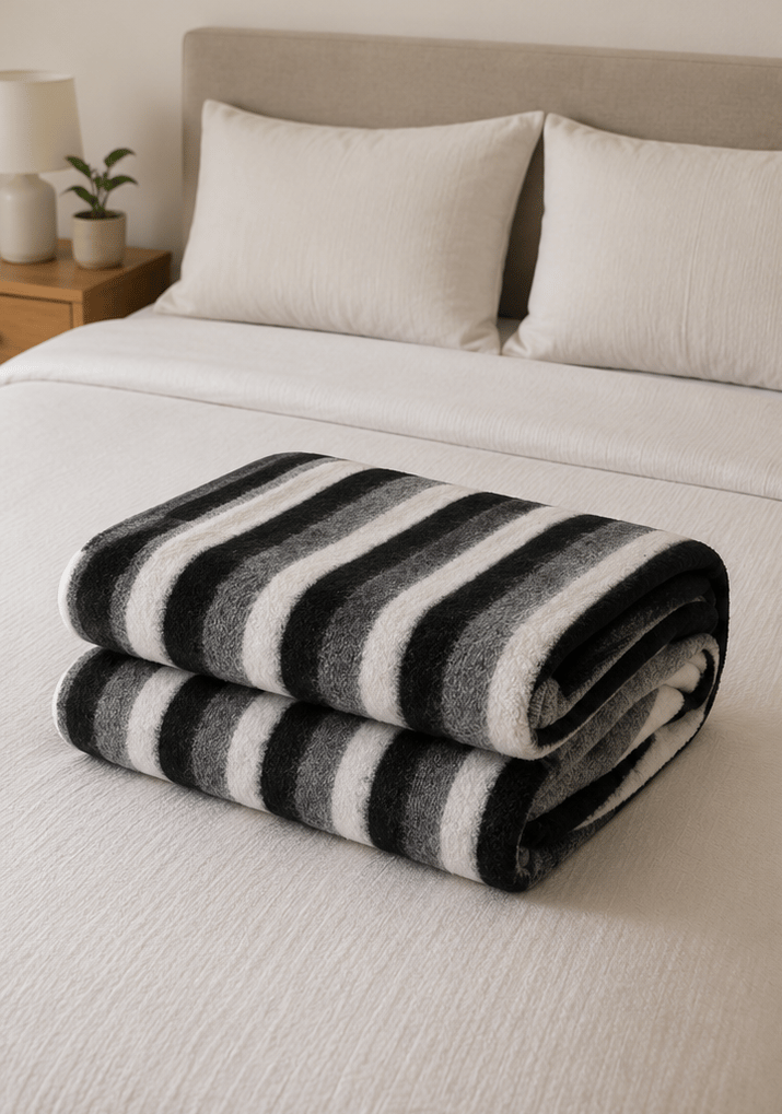 Luxurious Black Grey White Striped Wool Blanket