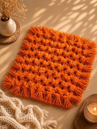 Hand-Knot Orange Macrame Cotton Round Placemat (30 cm Diameter)