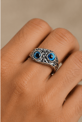 Men's Vintage Owl Ring with Blue Eyes