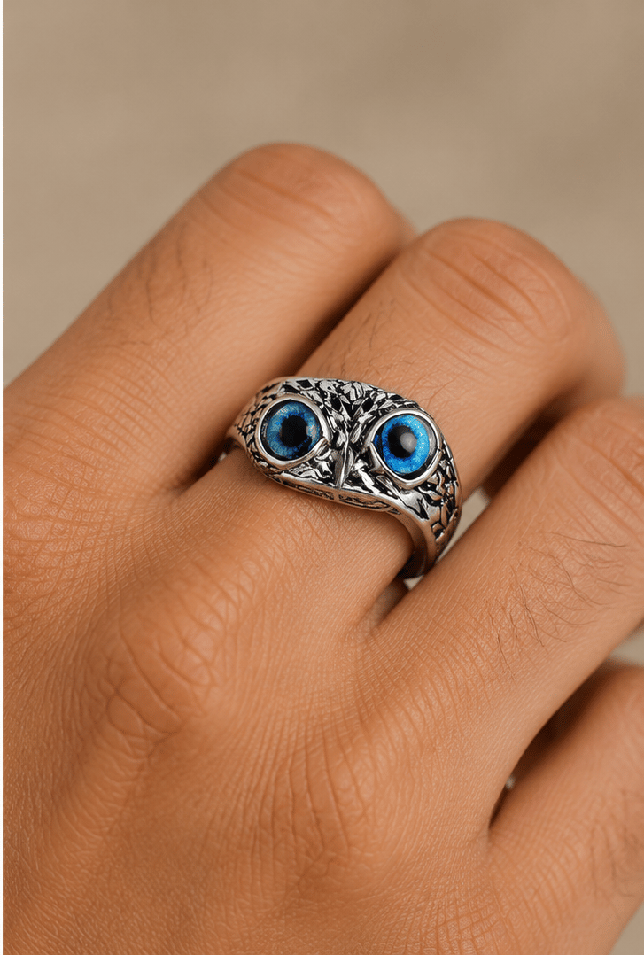 Men's Vintage Owl Ring with Blue Eyes