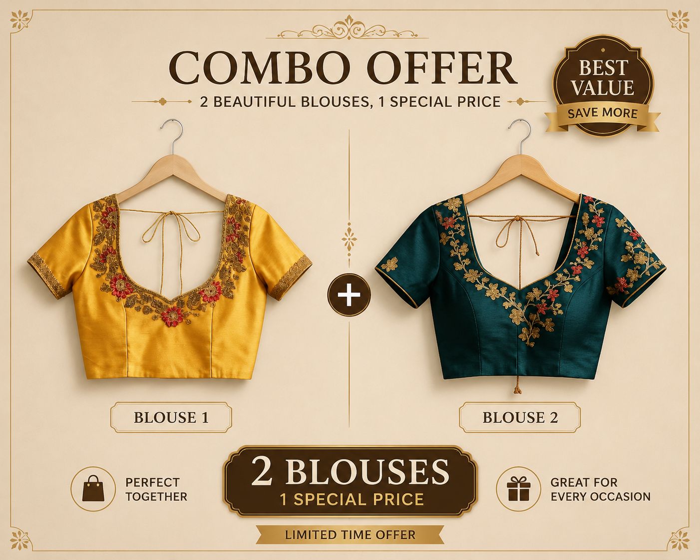 Combo of Traditional Embroidered Silk Blouse – Deep Green & Yellow