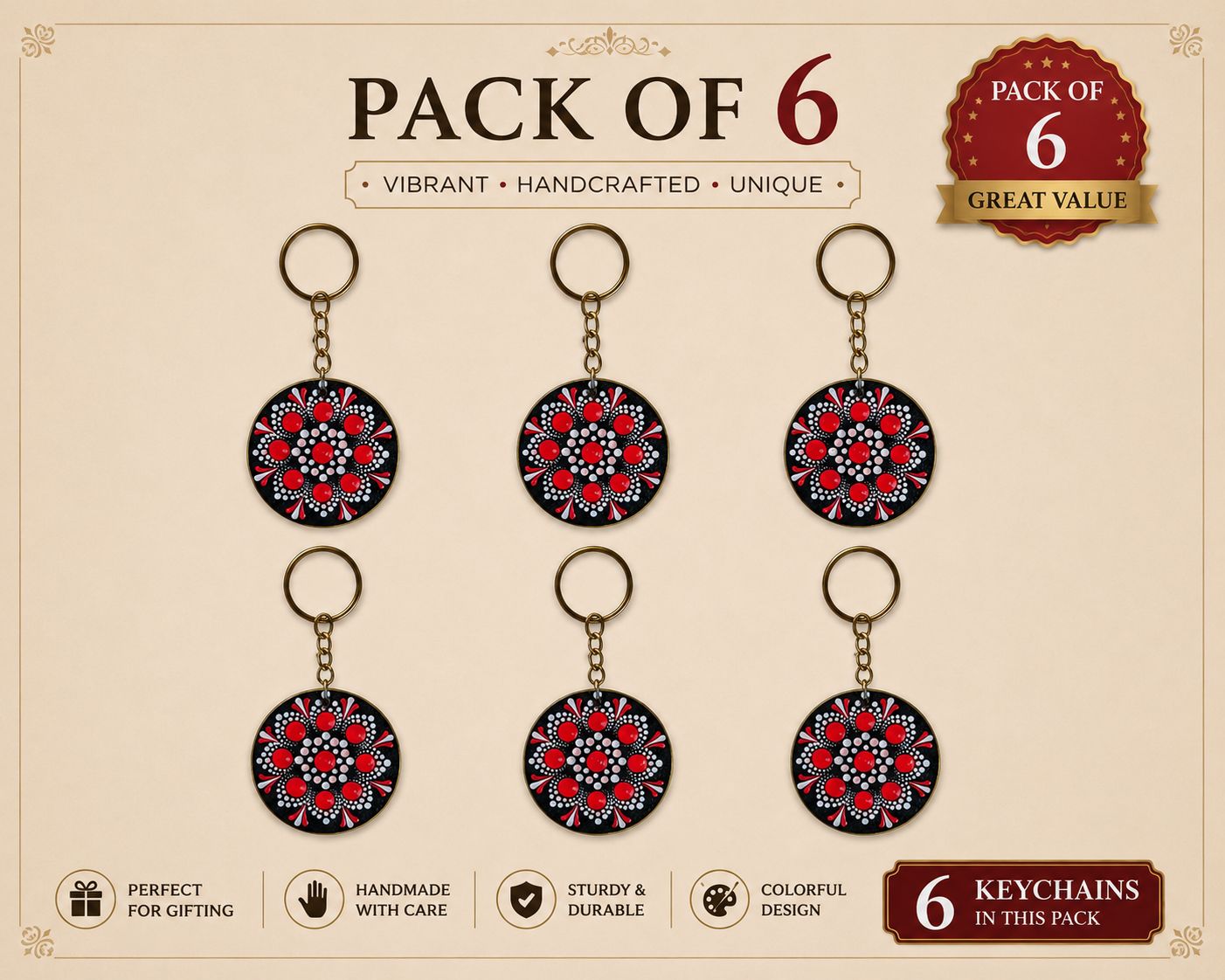 [Pack of 6] Hand-Painted Mandala Keychain - Unique Art Accessory